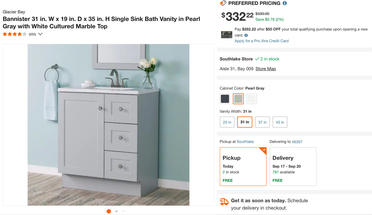 Glacier Bay
Bannister 31 in. W x 19 in. D x 35 in. H Single Sink Bath Vanity in Pearl Gray with White Cultured Marble Top