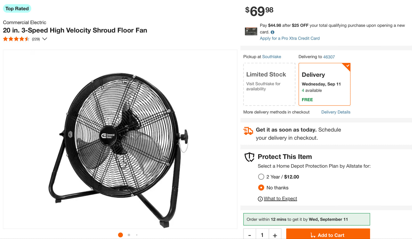 Commercial Electric
20 in. 3-Speed High Velocity Shroud Floor Fan (used)