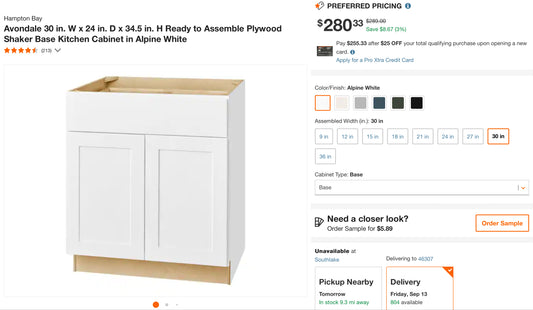 Hampton Bay
Avondale 30 in. W x 24 in. D x 34.5 in. H Ready to Assemble Plywood Shaker Base Kitchen Cabinet in Alpine White