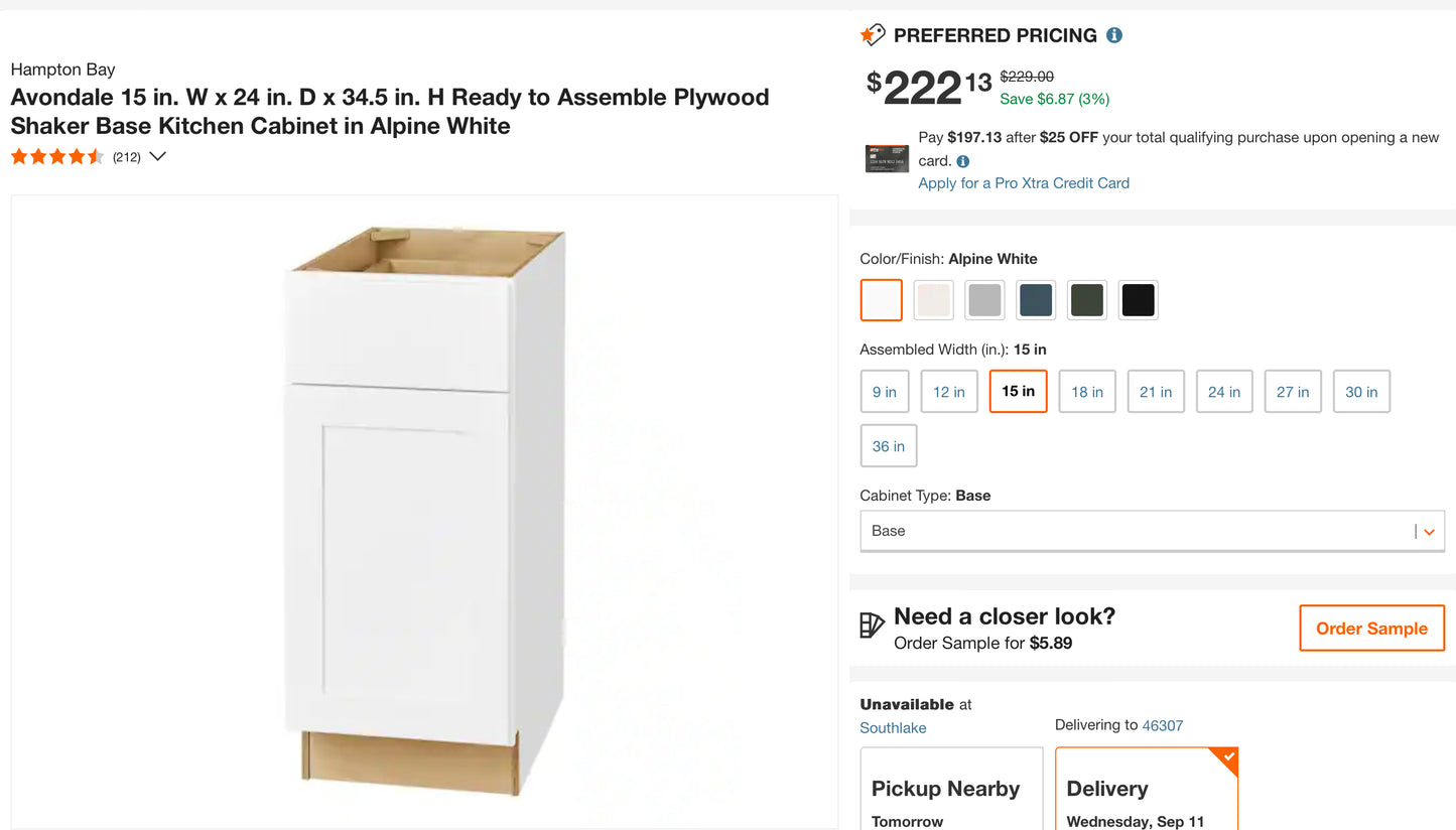 Hampton Bay
Avondale 15 in. W x 24 in. D x 34.5 in. H Ready to Assemble Plywood Shaker Base Kitchen Cabinet in Alpine White