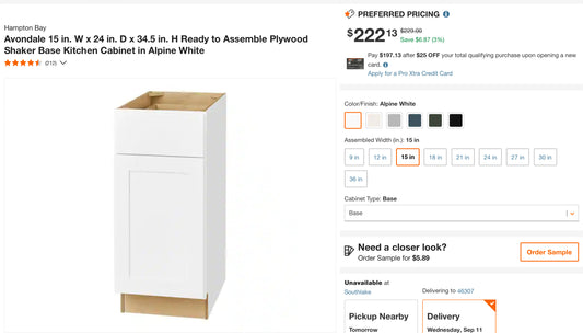 Hampton Bay
Avondale 15 in. W x 24 in. D x 34.5 in. H Ready to Assemble Plywood Shaker Base Kitchen Cabinet in Alpine White