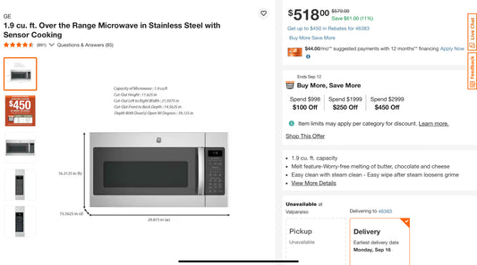 GE
1.9 cu. ft. Over the Range Microwave in Stainless Steel with Sensor Cooking