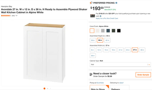 Hampton Bay
Avondale 27 in. W x 12 in. D x 36 in. H Ready to Assemble Plywood Shaker Wall Kitchen Cabinet in Alpine White