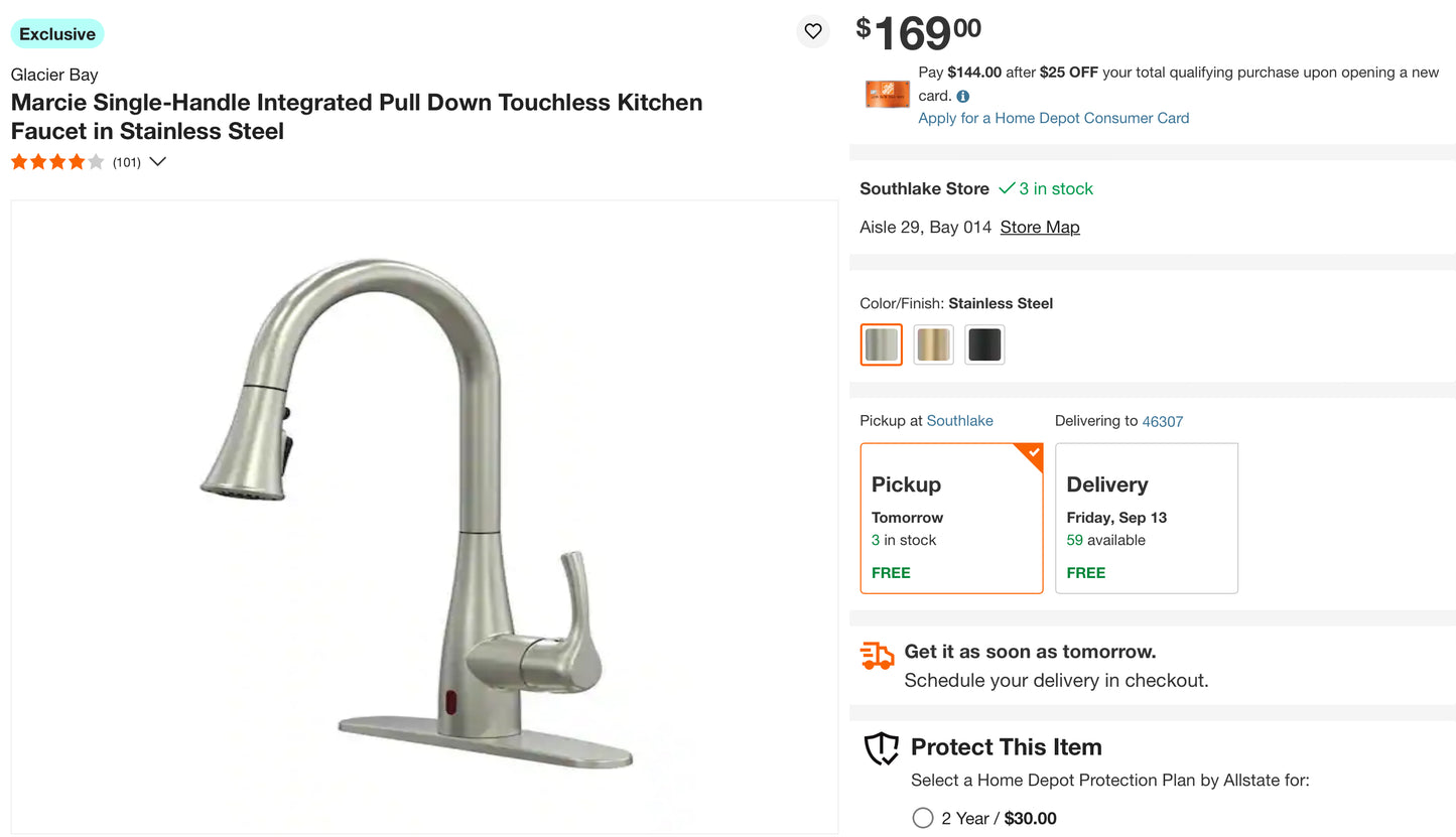 Glacier Bay
Marcie Single-Handle Integrated Pull Down Touchless Kitchen Faucet in Stainless Steel