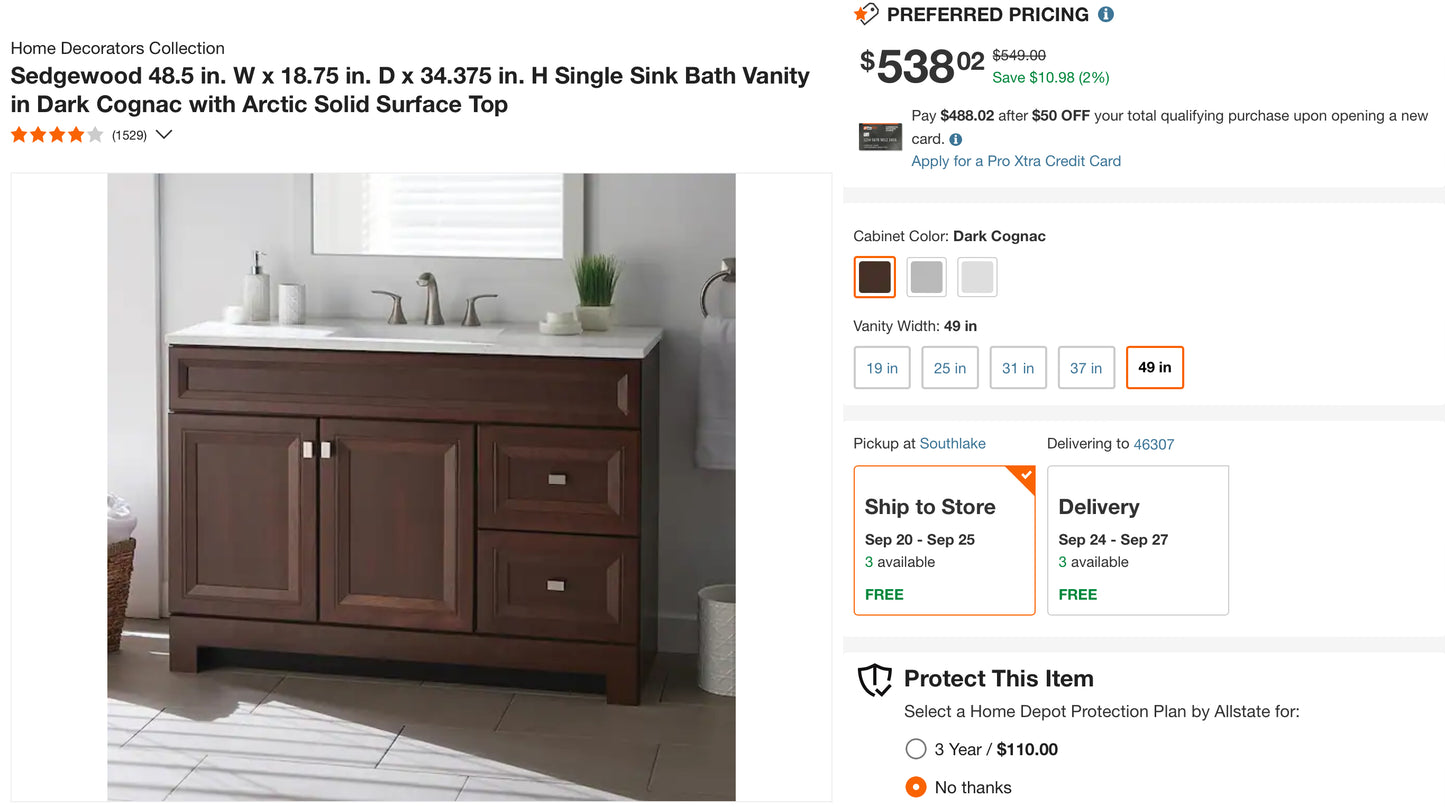 Sedgewood 48.5 in. W x 18.75 in. D x 34.375 in. H Single Sink Bath Vanity in Dark Cognac with Arctic Solid Surface Top