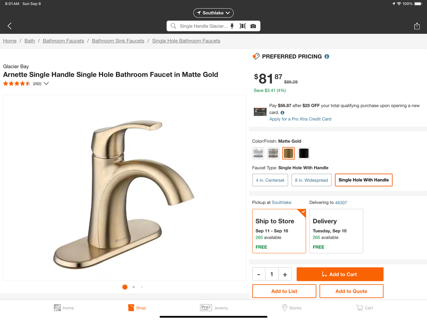 Arnette Single Handle Single Hole Bathroom Faucet in Matte Gold